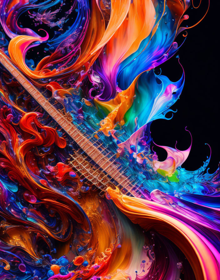 Colorful abstract paint swirl on guitar creates dynamic fusion