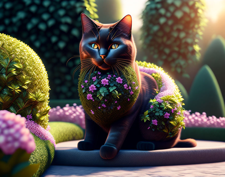 Vibrant flower-adorned black cat in whimsical garden