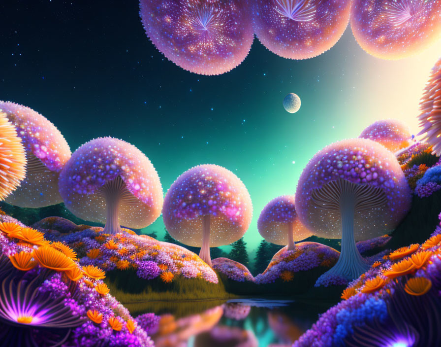 Vibrant oversized mushrooms in whimsical starry landscape