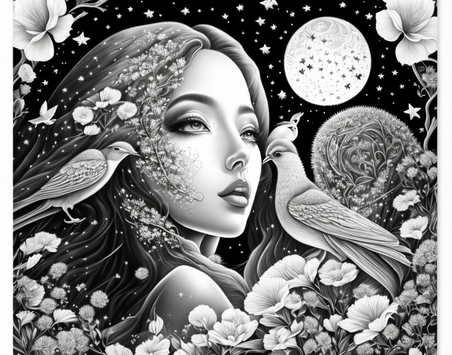 Monochromatic artwork of woman with floral and avian elements