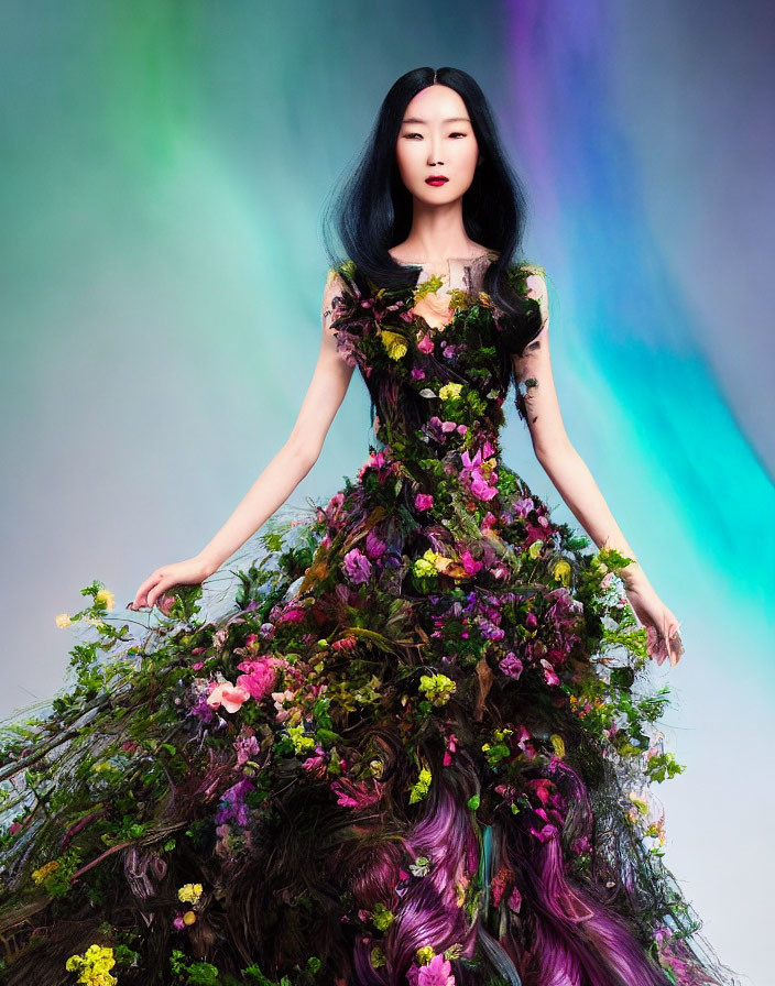 Woman in Elaborate Floral Gown on Colorful Background