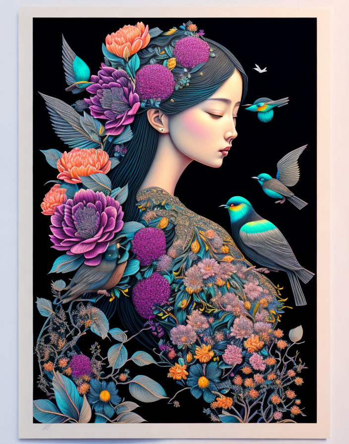 Colorful floral portrait of a woman with birds in surreal harmony