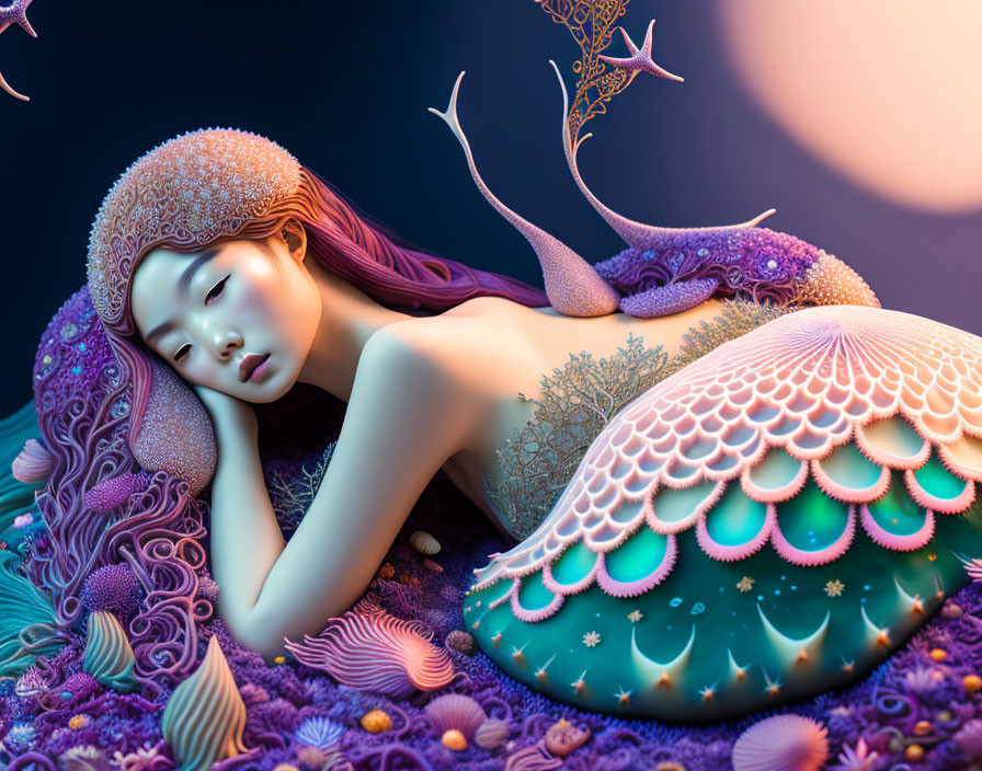 Intricate mermaid fantasy art with shells and coral in moonlit underwater scene