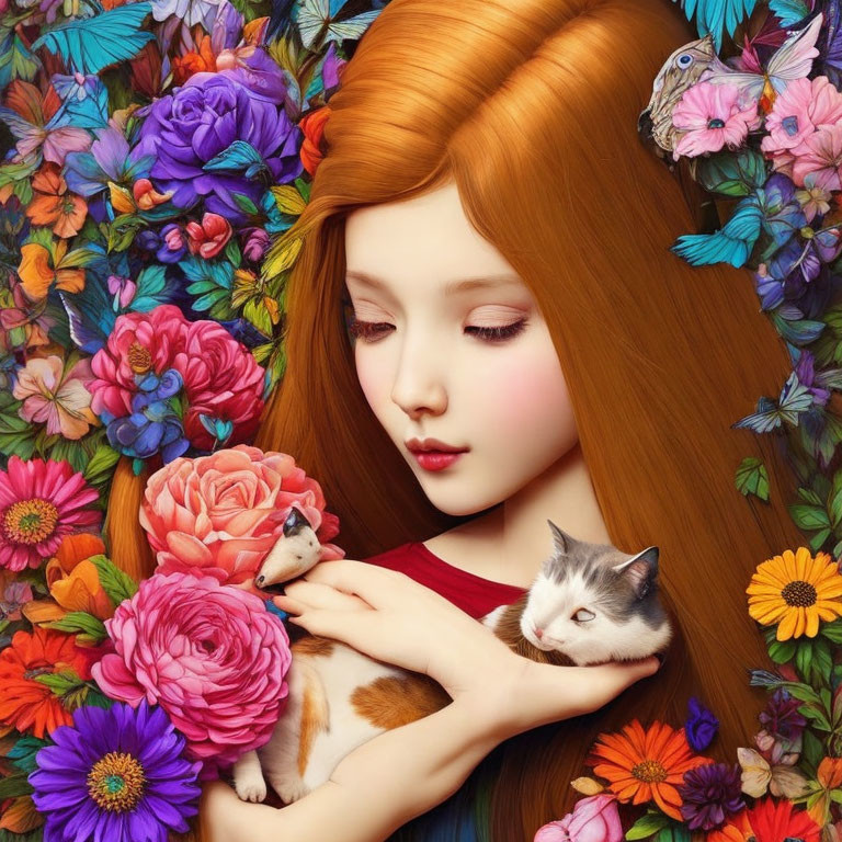 Red-haired woman cradles cat among colorful flowers and butterfly