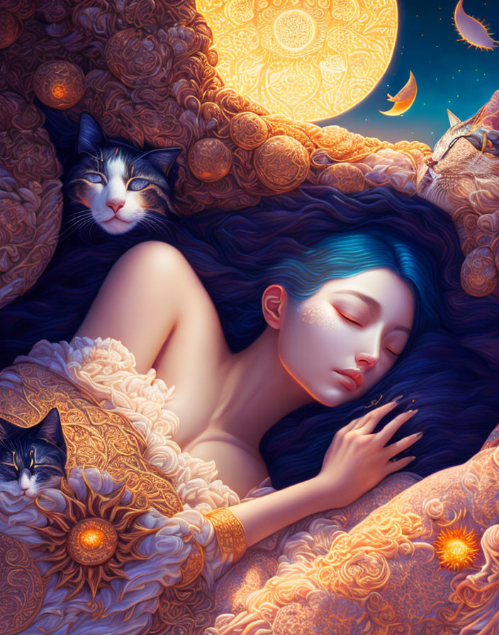 Tranquil illustration of woman with blue hair sleeping peacefully