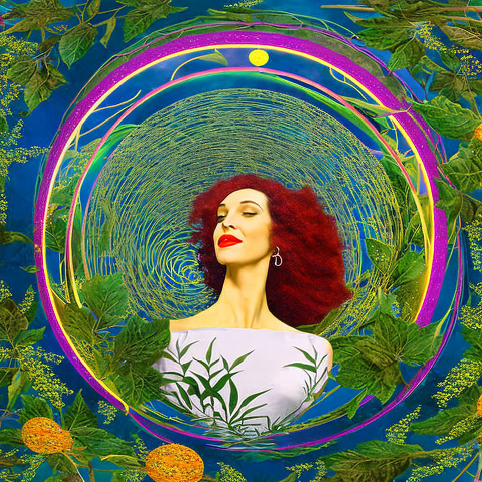 Colorful Digital Collage: Red-Haired Woman in Celestial Setting