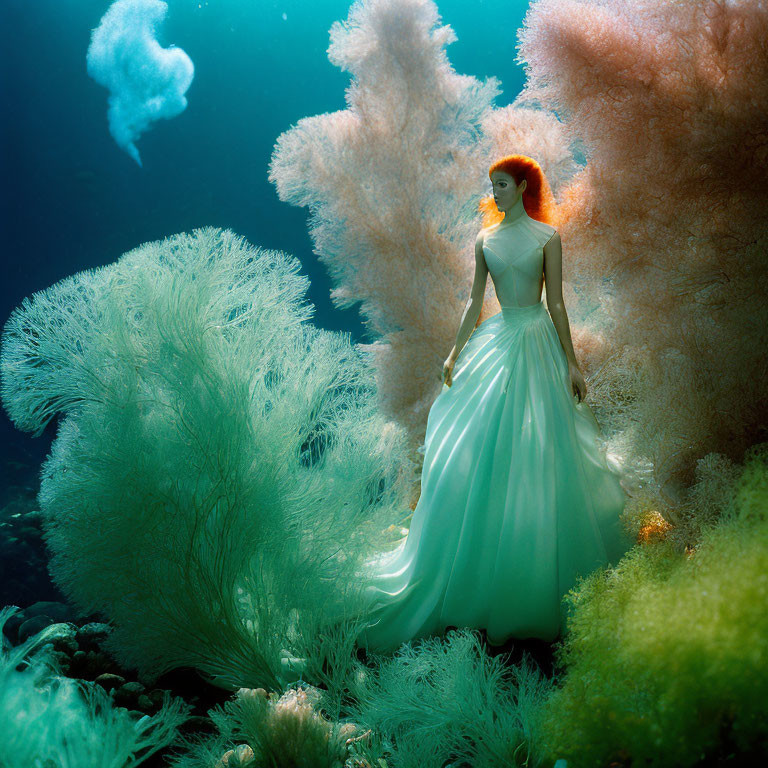 Woman in White Gown Amidst Vibrant Underwater Coral