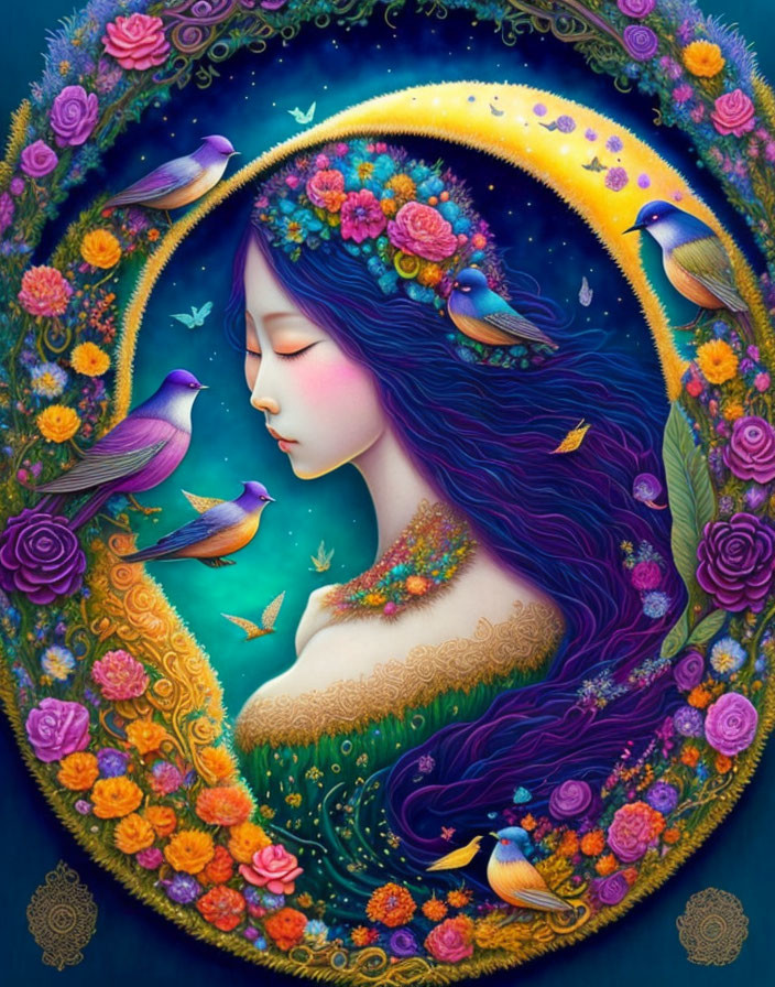 Colorful Illustration: Woman with Purple Hair in Floral Moon Environment