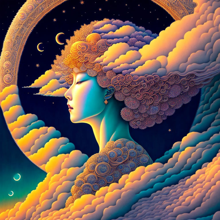 Intricately detailed portrait of a woman with cloud-like hair on celestial backdrop