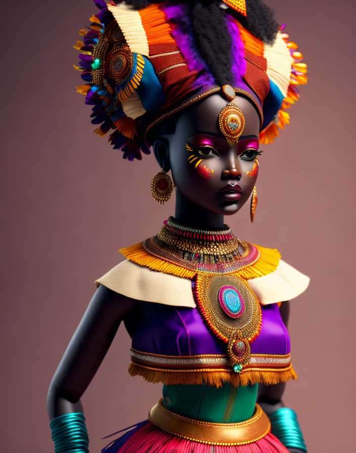 Colorful tribal headgear and makeup on female figure in stylized portrait