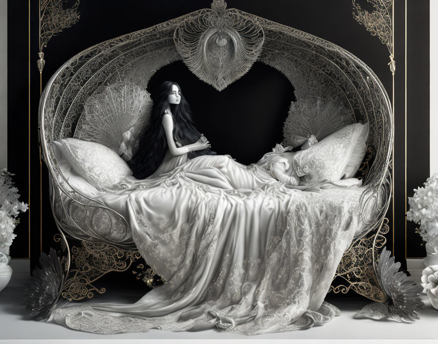 Monochromatic image of woman reclining on ornate bed in heart-shaped frame