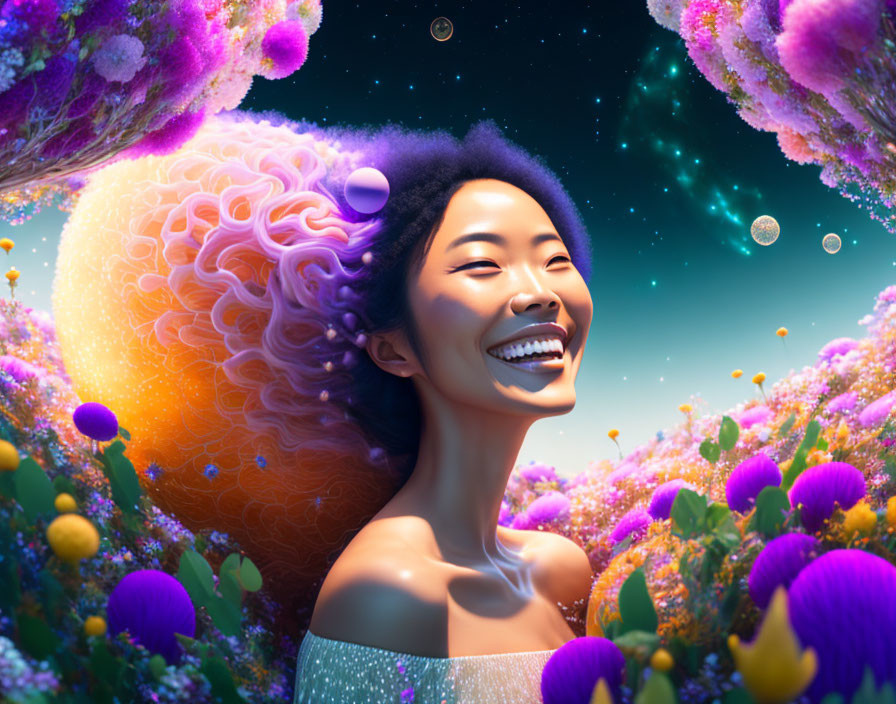 Colorful Flora Surround Joyful Woman in Cosmic Garden