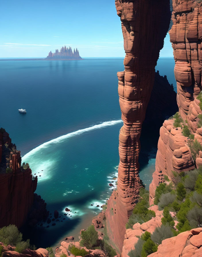 Majestic red rock formations by the serene blue ocean