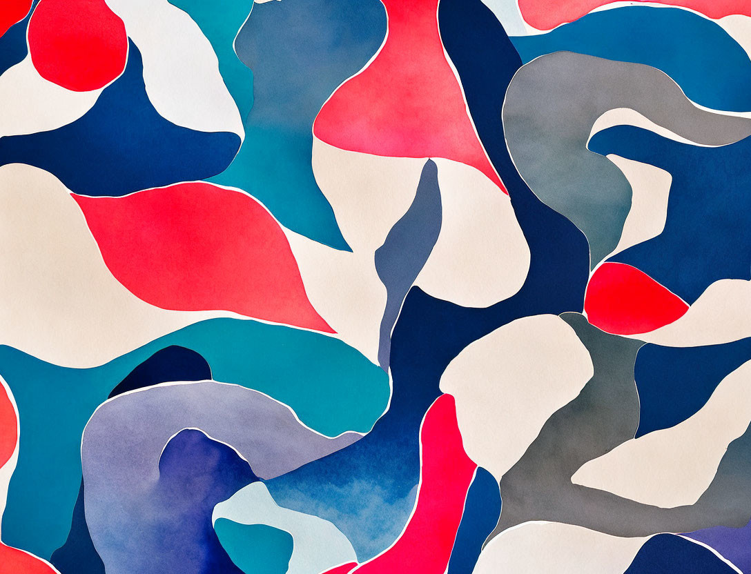 Fluid Abstract Design in Blue, Red, Grey, and Pink on White