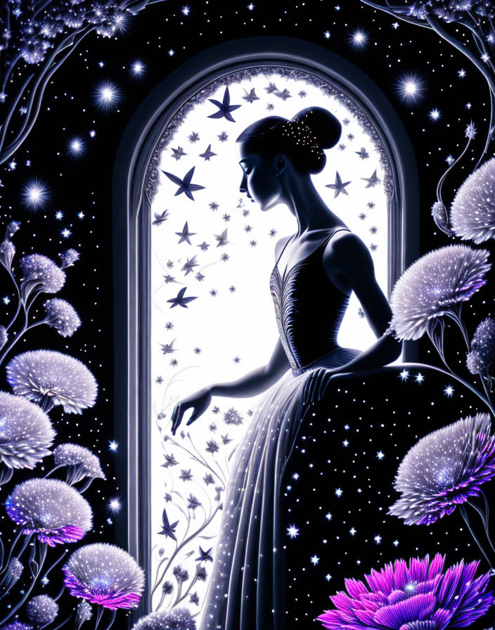 Silhouetted woman at arched window under starry sky with flowers