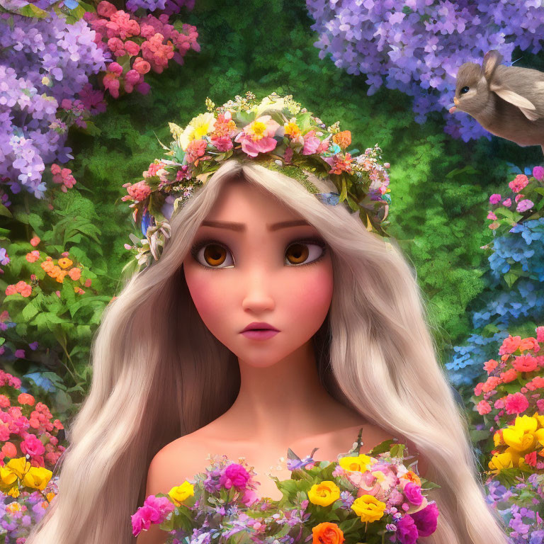 Young woman with silver hair and flower crown in vibrant floral setting with rabbit.