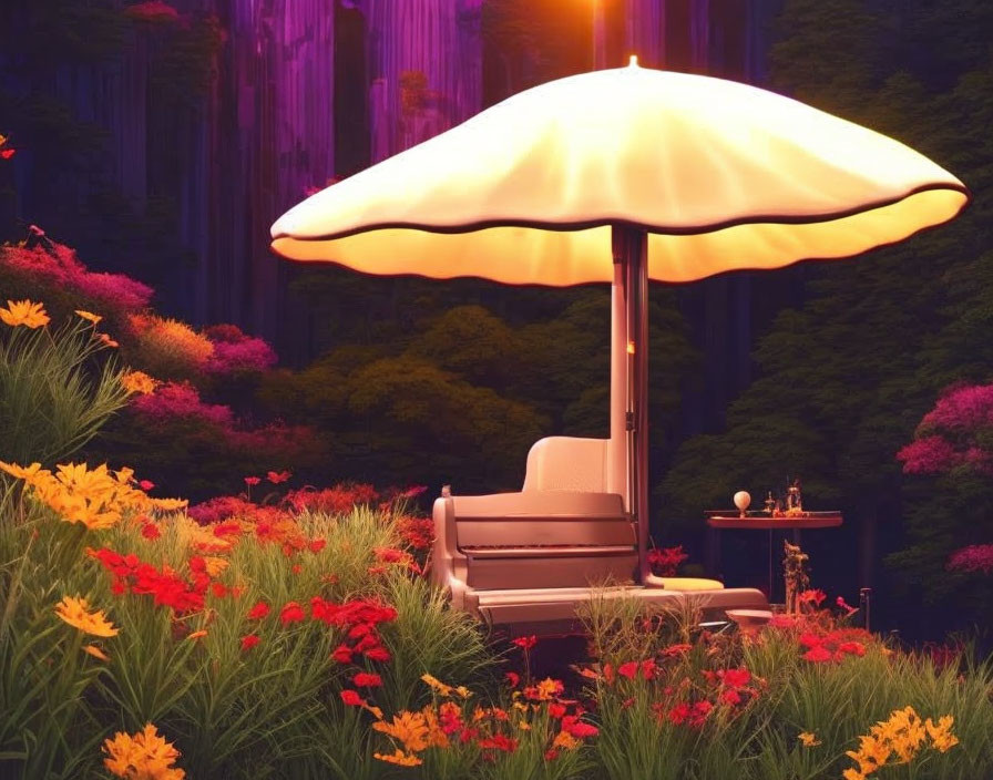 Vibrant digital artwork: oversized glowing mushroom lamp in mystical forest