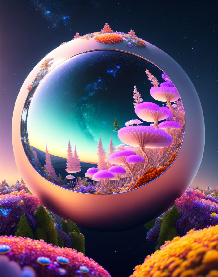 Circular Frame Surreal Landscape: Purple and Orange Flora, Starry Twilight Sky