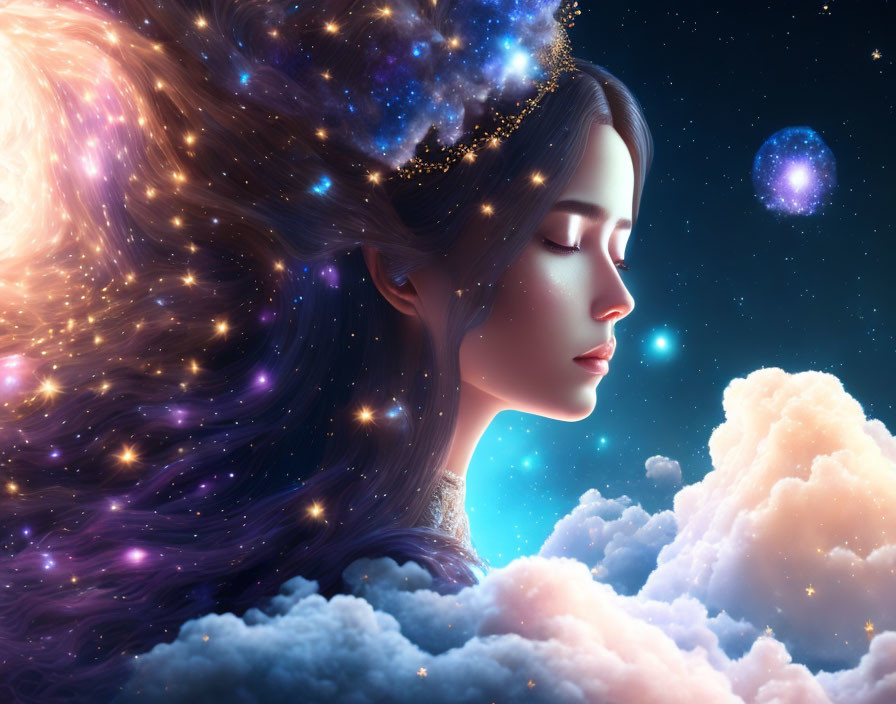 Cosmic-themed crown on serene woman with galaxy hair surrounded by celestial bodies