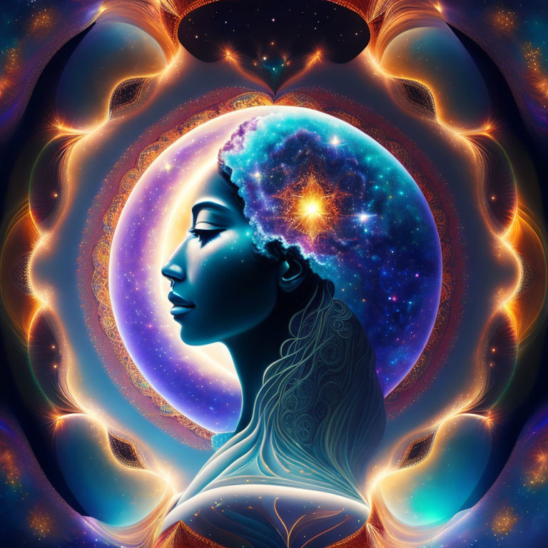 Profile of a woman in cosmic setting with golden symmetrical patterns