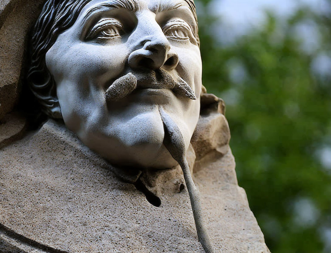 Detailed Stone Bust of Man with Mustache Against Green Background