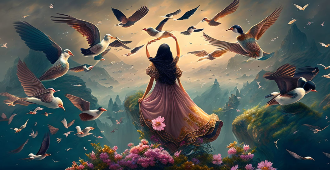 Person in flowing robe on cliff surrounded by birds and flowers in misty mountain landscape