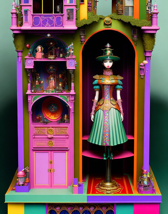 Colorful Dollhouse with Ornate Doll & Miniature Rooms