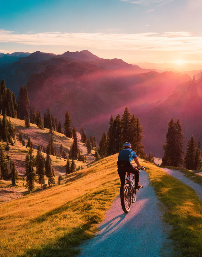 Cyclist on mountain trail at sunset with long shadows over rolling hills