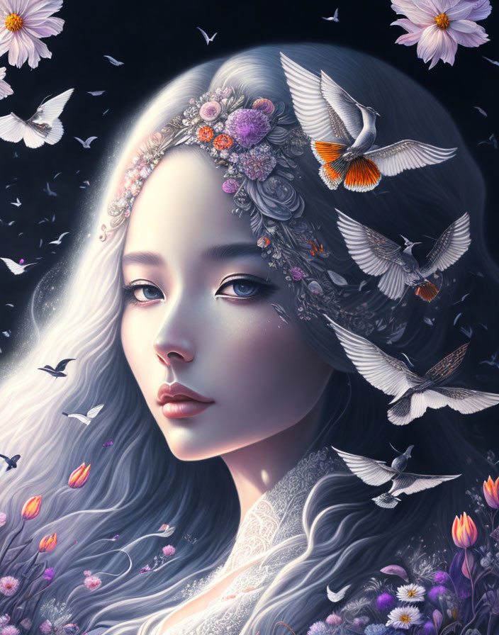 Ethereal woman with flower-adorned hair and butterflies in serene pose