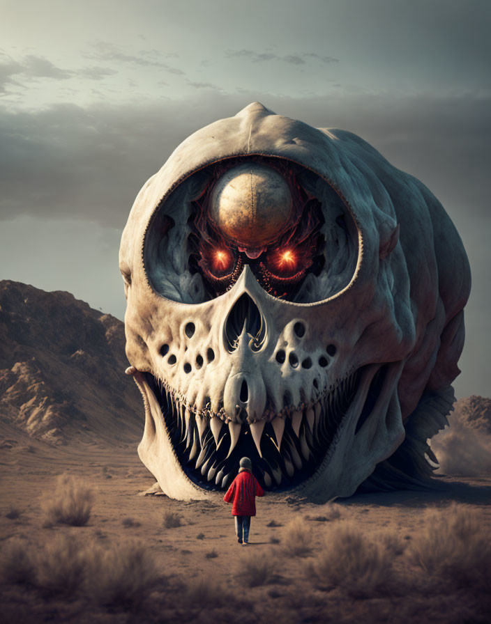 Mysterious figure in red cloak confronts glowing-eyed skull in desert