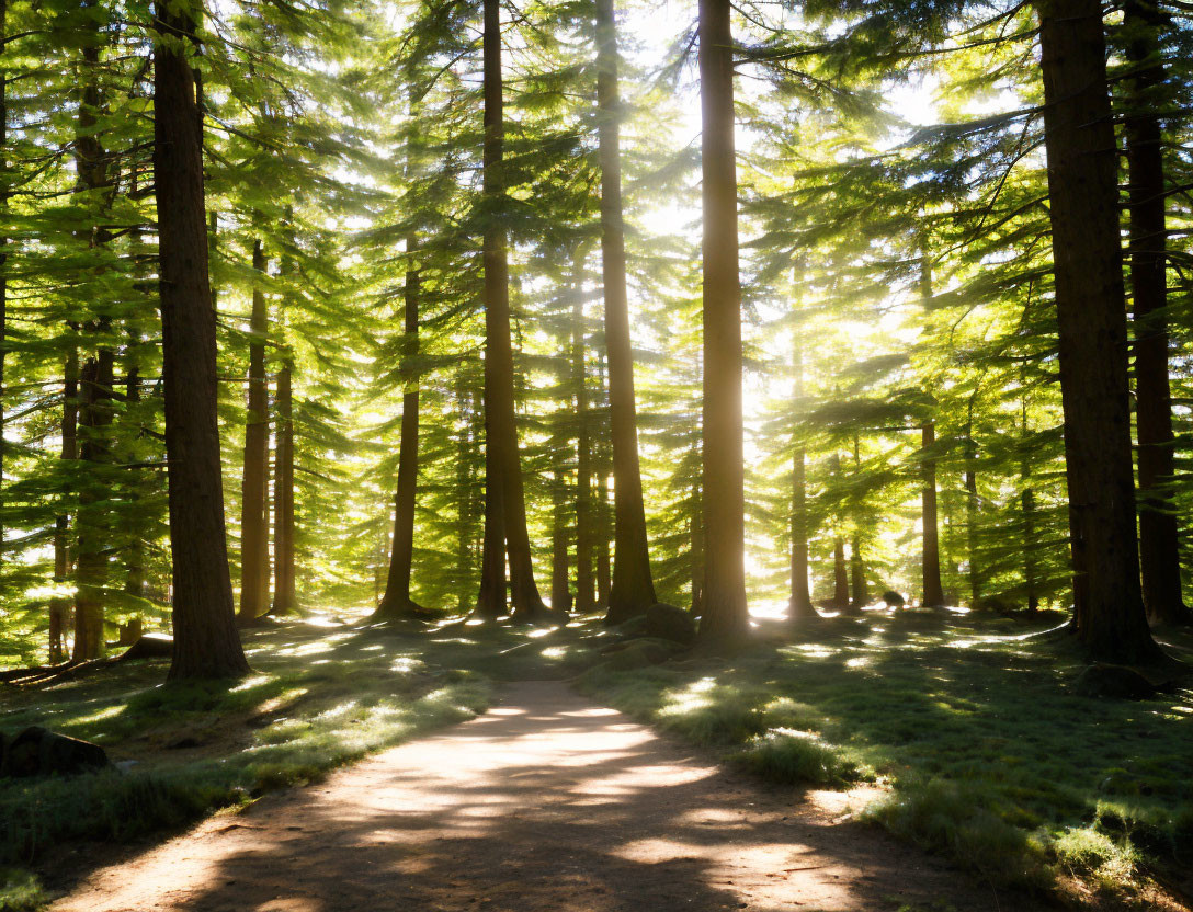 Dense Pine Forest Sunlight Filtering Path