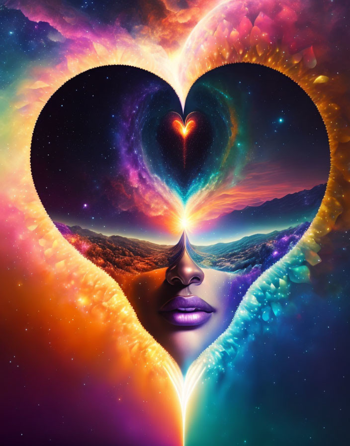 Vibrant cosmic heart silhouette with surreal woman profile