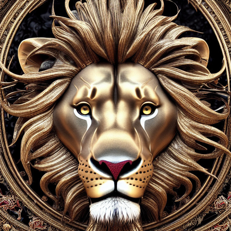 Intricate lion face design with flowing mane in ornate circular frame