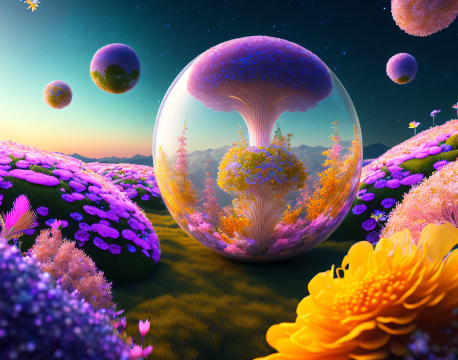 Vibrant flora and floating orbs in fantastical landscape