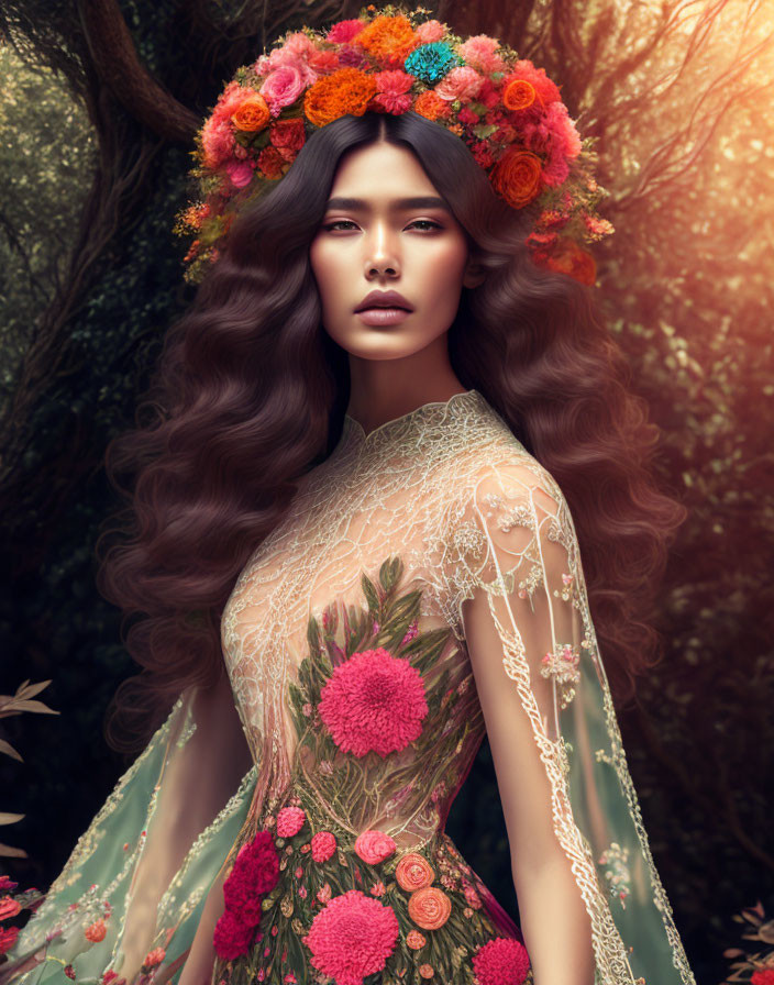 Woman with long wavy hair in floral crown amid lush forest.