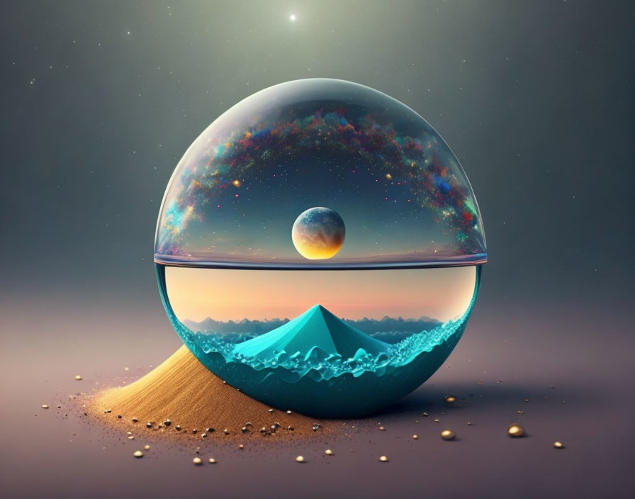 Surreal landscape digital artwork with transparent sphere and cosmic scene