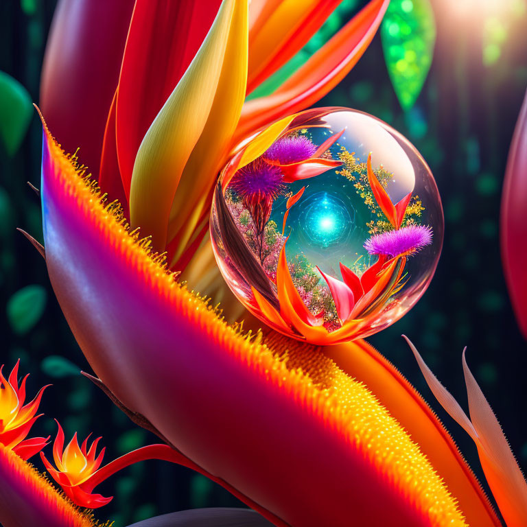 Colorful digital artwork: Luminous sphere with ecosystem and plant-like forms.