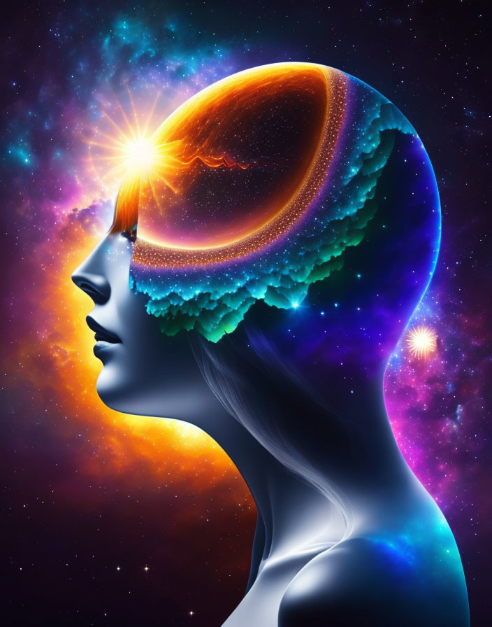 Vibrant digital artwork of woman's profile with cosmic-themed brain