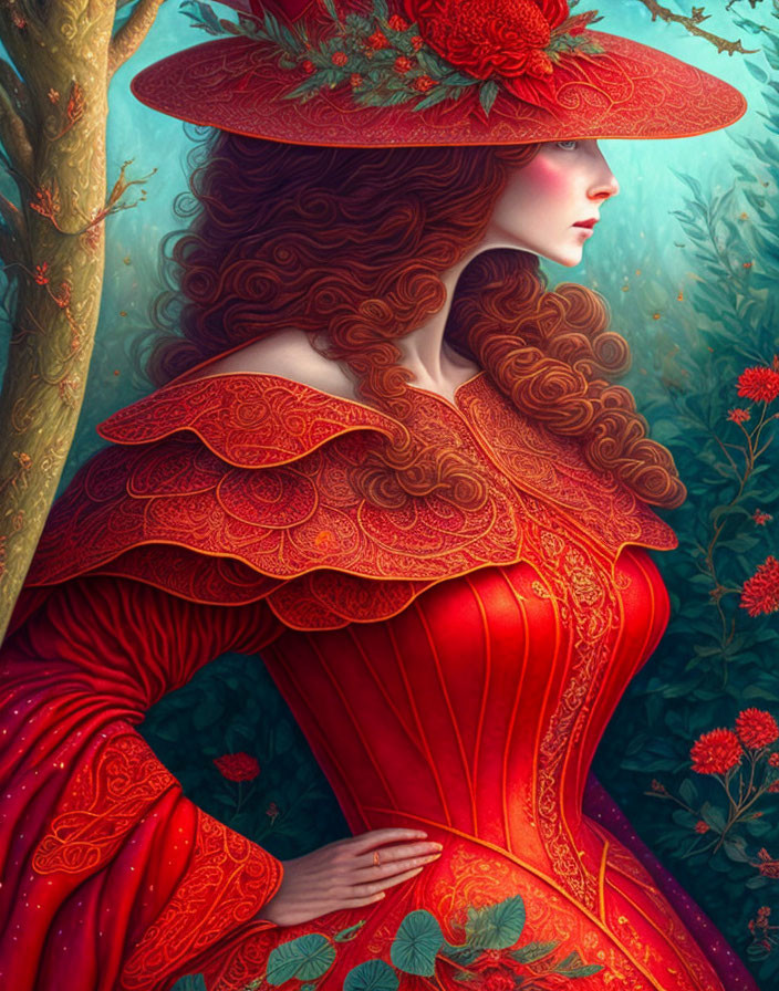 Woman in Red Dress and Flowered Hat Surrounded by Lush Greenery