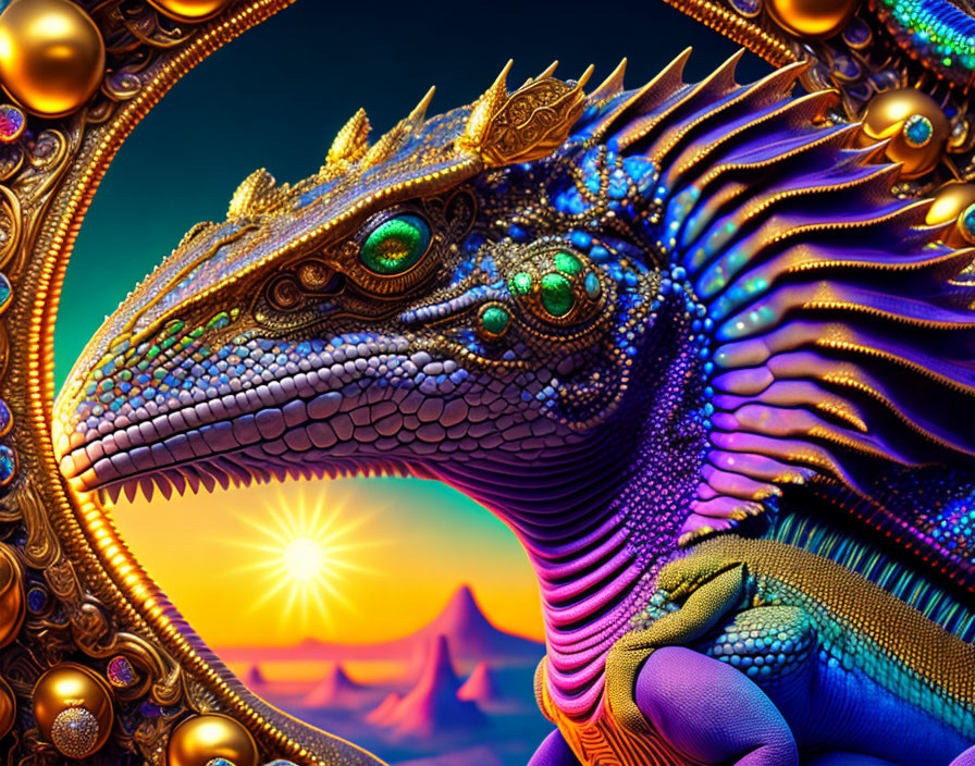 Vividly Colored Digital Dragon with Gem-Like Eyes in Sunset Landscape