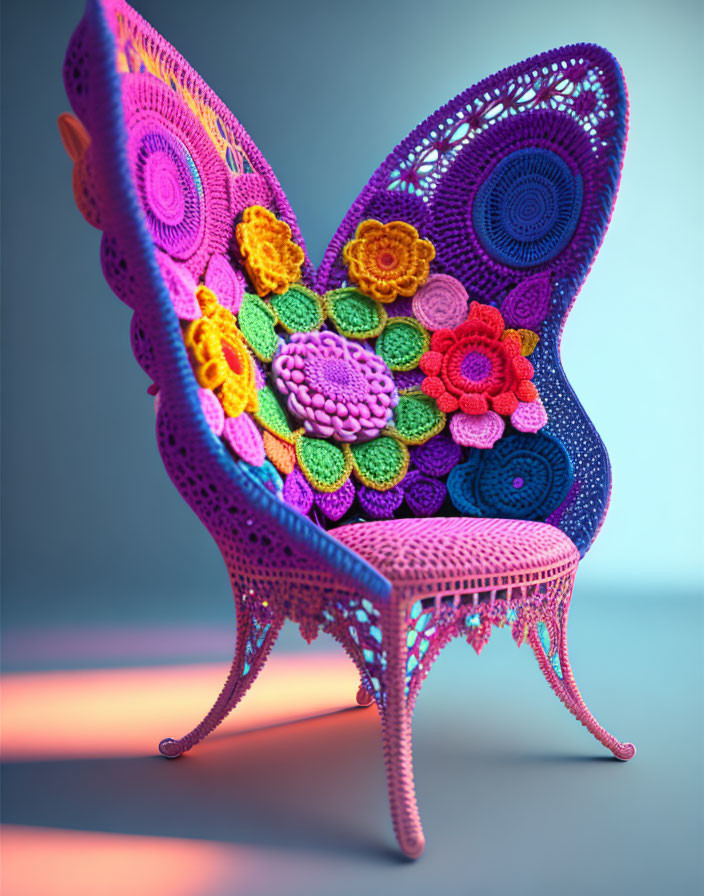 Colorful Butterfly-Shaped Crochet Chair with Floral Designs