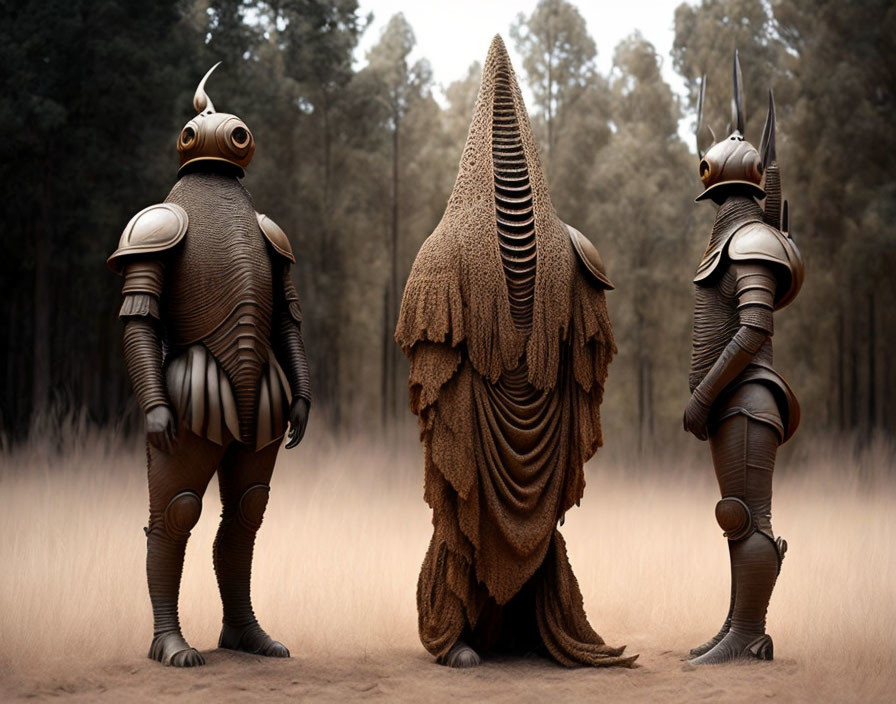 Three humanoid figures in intricate armor-like costumes in forest clearing