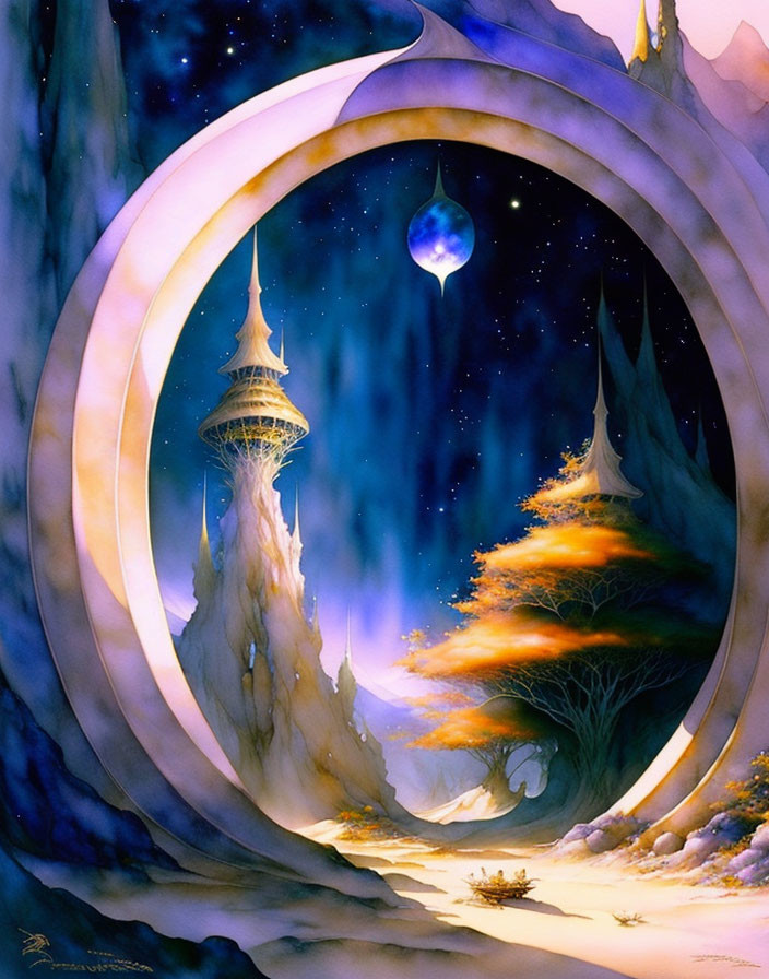 Fantastical landscape with glowing full moon and tower.