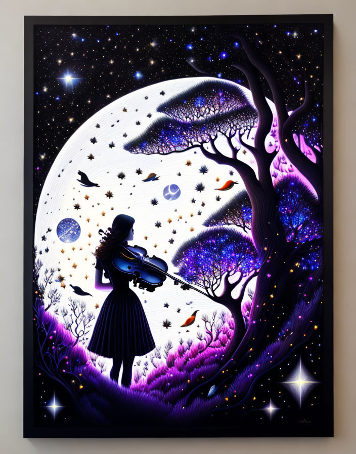 Silhouette of woman playing violin under starry sky in whimsical art.