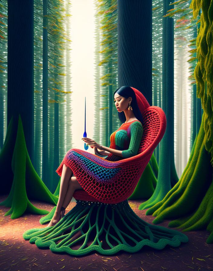 Woman in patterned dress sits on woven chair in mystical forest with elongated trees