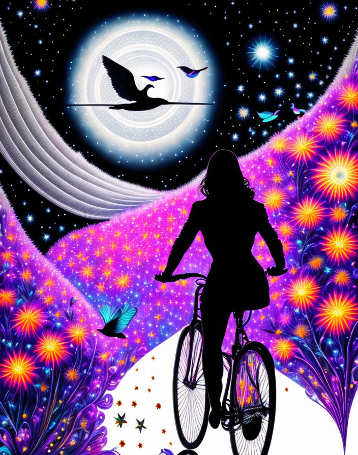 Silhouette biking in vibrant cosmic landscape with flowers, stars, birds