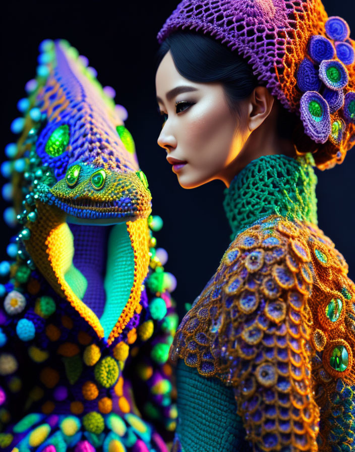 Colorful Woman and Chameleon in Vibrant Attire under Dramatic Lighting