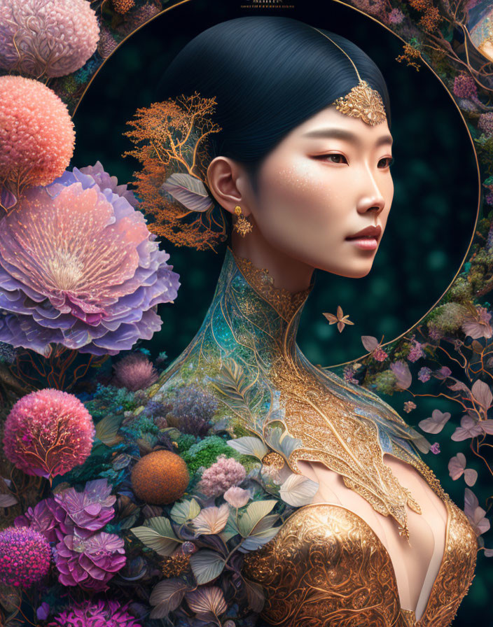 East Asian woman digital art with flowers, butterflies, and golden jewelry