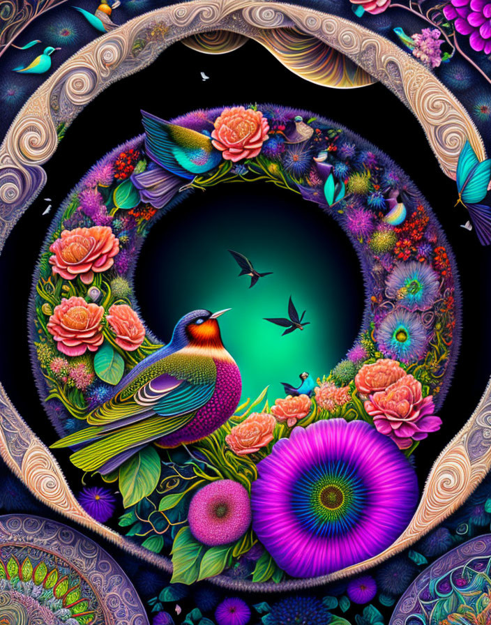 Colorful digital artwork: stylized bird, vibrant flowers, teal backdrop