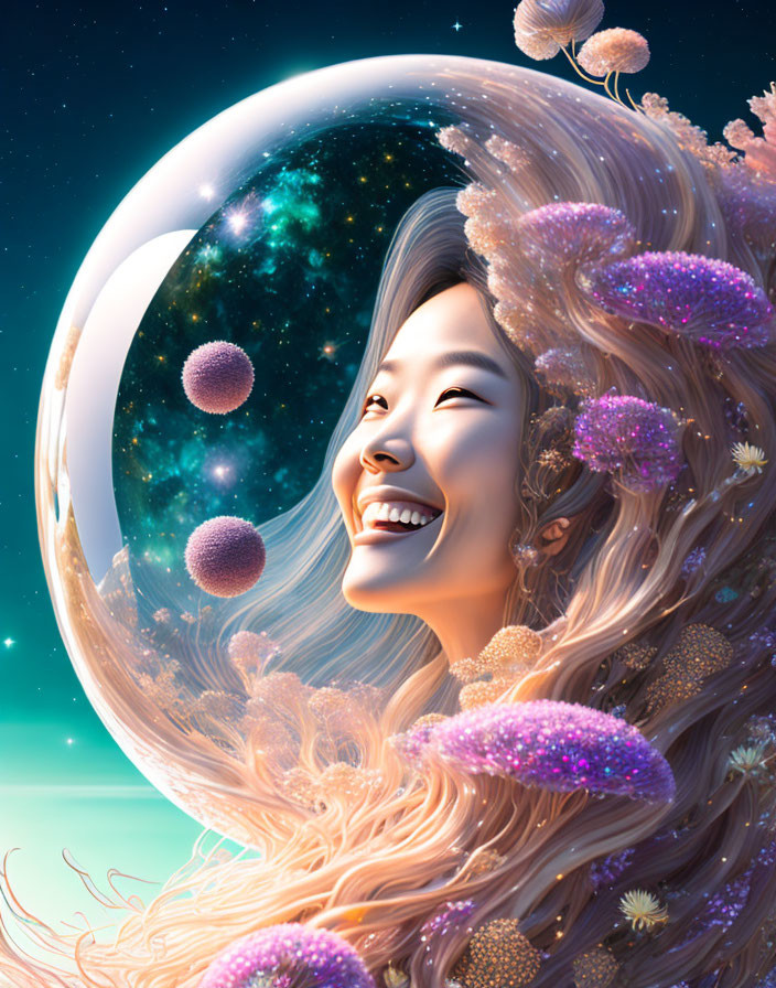 Woman with Pink Flowers in Hair on Cosmic Background with Moon and Stars